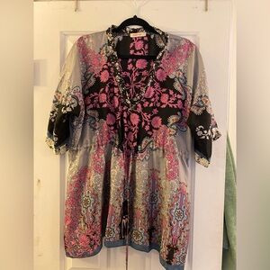 100% Silk Pink, Black and Grey Boho Johnny Was Tunic, Women's Size Medium